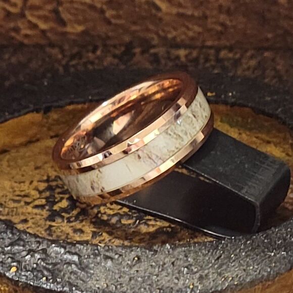 Engraved Men's Real Rose Gold Tungsten Wedding Ring -  Deer Antler Inlay 14K RG - Picture 5 of 7